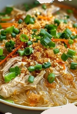 Bowl of Chicken Sotanghon Soup with vermicelli noodles and vegetables