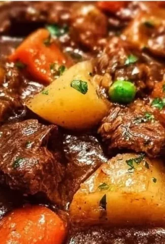 Comforting crockpot beef stew with vegetables and seasoning in a bowl