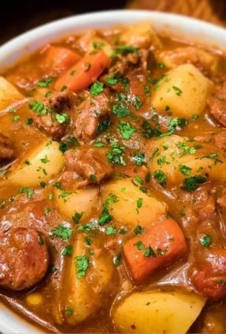 Bowl of hearty Cowboy Stew with beans, meat, and vegetables