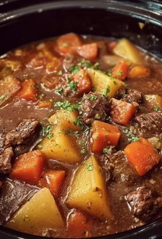 Delicious crock pot beef stew simmering with vegetables and herbs