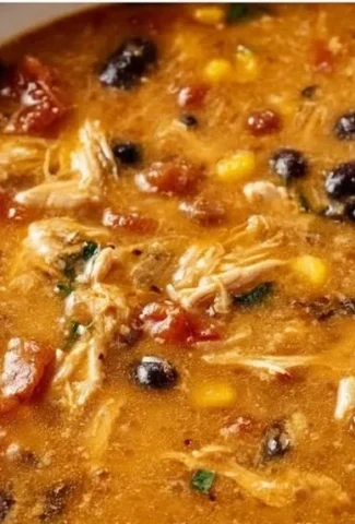 Bowl of creamy chicken tortilla soup garnished with tortilla strips and cilantro