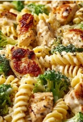 Creamy pasta with rotisserie chicken and broccoli, served in a bowl