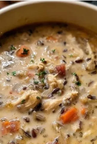 Crockpot Chicken Wild Rice Soup with vegetables in a bowl