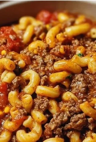 Bowl of delicious Crockpot Goulash with pasta and ground beef