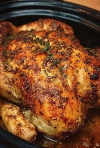 Crockpot whole chicken served with veggies and herbs