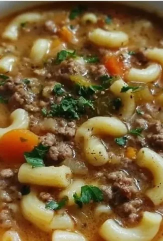 Bowl of hamburger soup with macaroni and vegetables, a hearty meal.