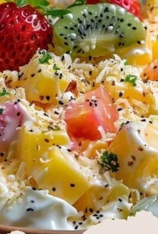 Hawaiian Cheesecake Salad topped with fresh fruits and creamy frosting