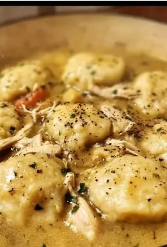 Bowl of homemade chicken and dumplings with herbs and vegetables