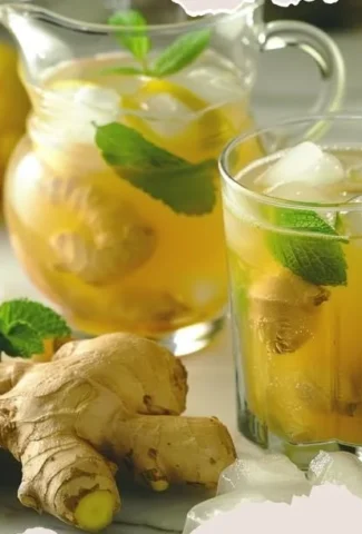 Homemade ginger ale served in a glass with ice and fresh ginger slices.