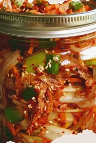 A bowl of homemade kimchi with vibrant vegetables and spices.