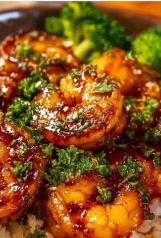 Delicious honey garlic shrimp bowl with vegetables and rice