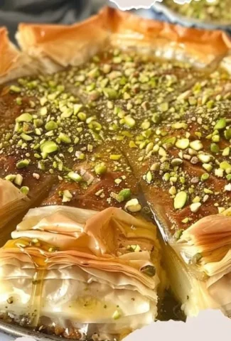 Delicious Honey Pistachio Baklava Cheesecake topped with nuts and honey syrup.