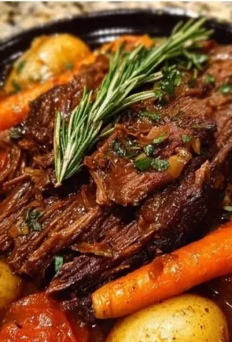 Italian pot roast served with vegetables and herbs in a rustic setting.