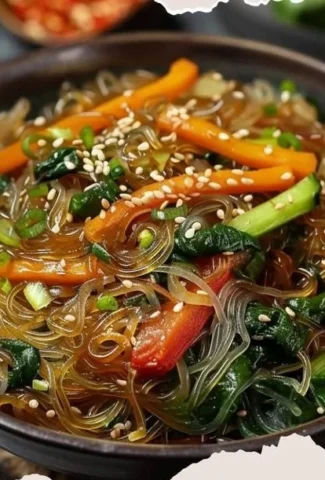 Delicious Japchae Bap featuring glass noodles and rice served on a plate