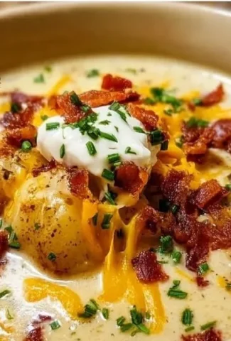 Bowl of creamy loaded baked potato soup topped with cheese and green onions