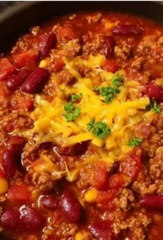 A bowl of Mama's Beer Chili topped with garnishes and served with crusty bread.
