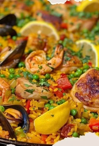 A vibrant plate of traditional paella with seafood, vegetables, and saffron rice.