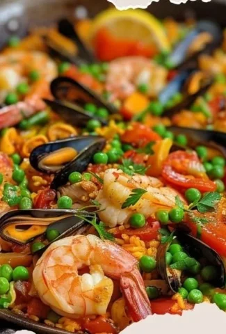A vibrant plate of Paella featuring seafood, vegetables, and spices.
