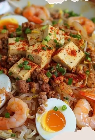 Bowl of Palabok, a traditional Filipino noodle dish with shrimp and egg