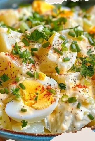 Delicious potato salad with herbs and vegetables in a bowl