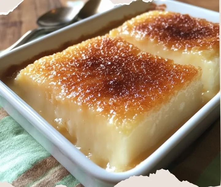 Deliciously rich cassava pudding served in a bowl with a spoon.