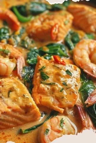 Saucy salmon and shrimp in coconut milk with spinach dish