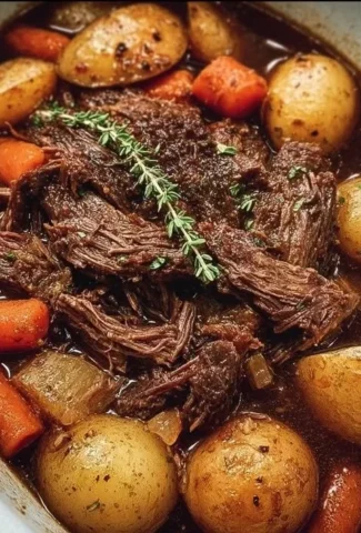 Savory Instant Pot pot roast garnished with herbs and vegetables.