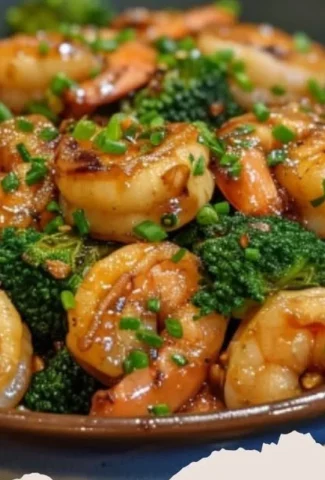 Shrimp broccoli stir fry in garlic sauce served on a plate