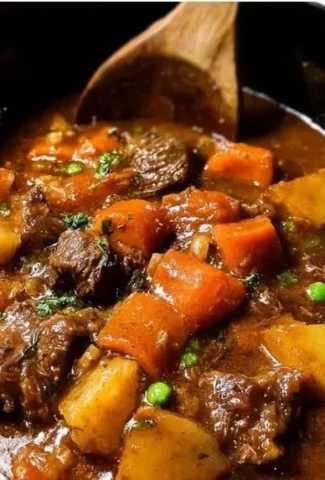 Delicious slow cooker beef stew with vegetables in a rustic bowl