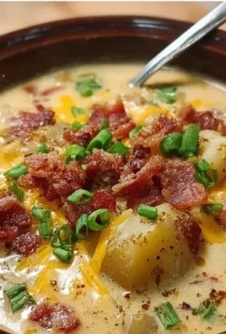 Bowl of Slow Cooker Creamy Potato Bacon Soup topped with crispy bacon and herbs.