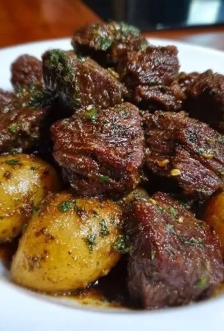 Slow Cooker garlic butter beef bites with potatoes in a serving dish.