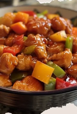 Delicious plate of Sweet and Sour Chicken served with colorful vegetables