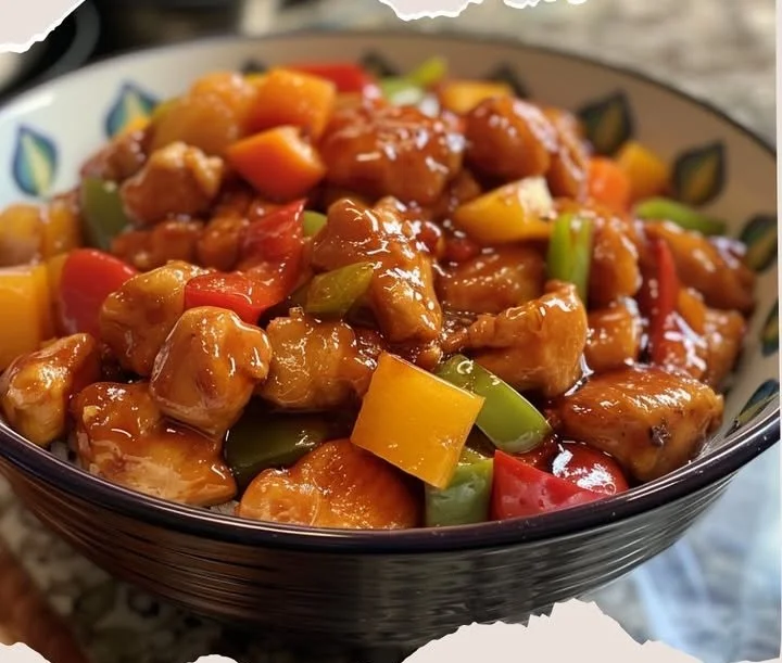 Delicious plate of Sweet and Sour Chicken served with colorful vegetables