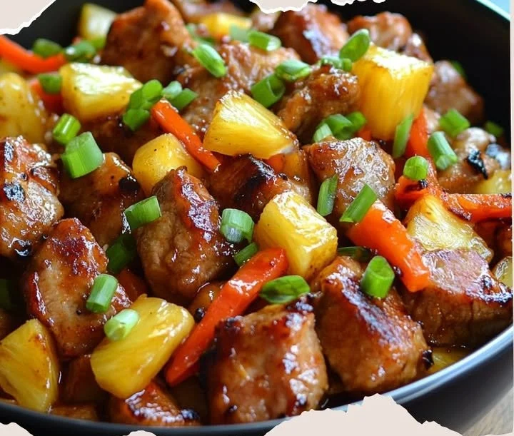 Sweet Chili Pineapple Pork dish with vibrant garnishes and colorful ingredients