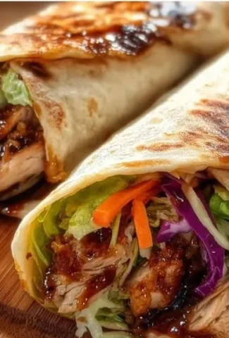 Delicious teriyaki chicken wraps served with fresh vegetables and sauce