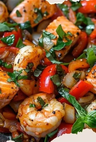 Delicious Thai Basil Stir-Fry with salmon and shrimp garnished with fresh basil
