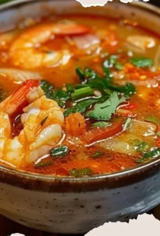 Bowl of steaming Tom Yum Soup with shrimp, mushrooms, and herbs