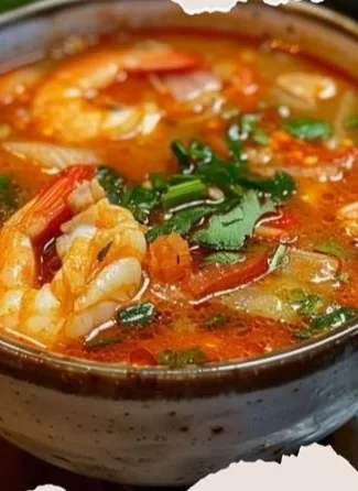 Bowl of Tom Yum Soup garnished with herbs and spices, showcasing Thai cuisine.