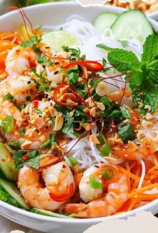 Bowl of colorful Vietnamese noodle salad with fresh herbs and vegetables